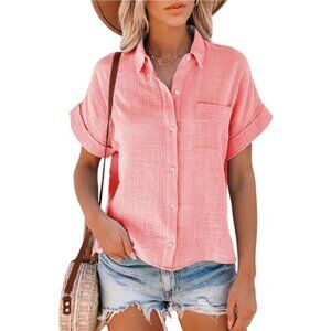 🌿 Women’s Linen Button Down Shirt – V-Neck Collared Tunic with Short Sleeves